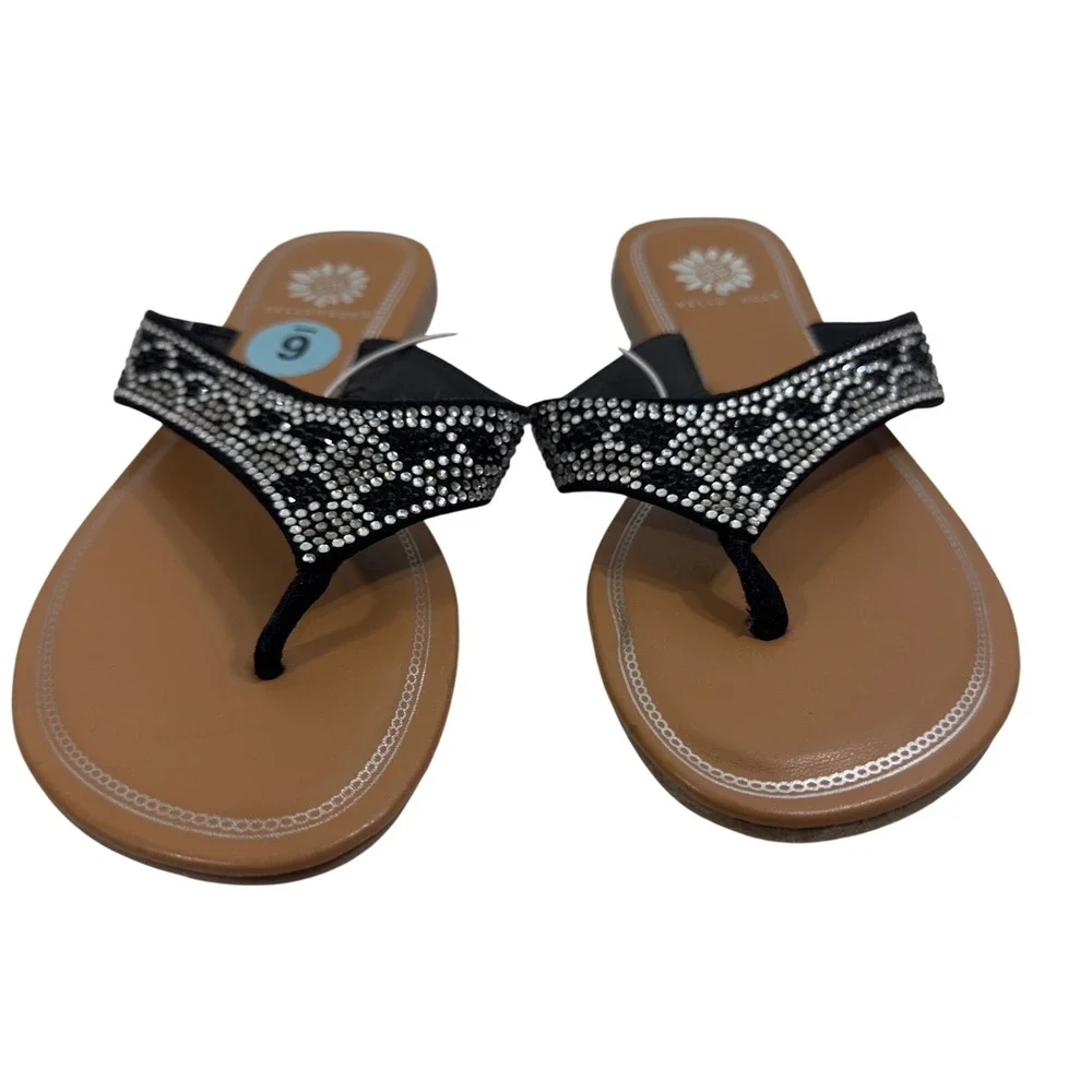 New Yellow Box Womens Black Rhinestone Thong Sandals Flat Flip Flops Size 6 - Picture 3 of 8